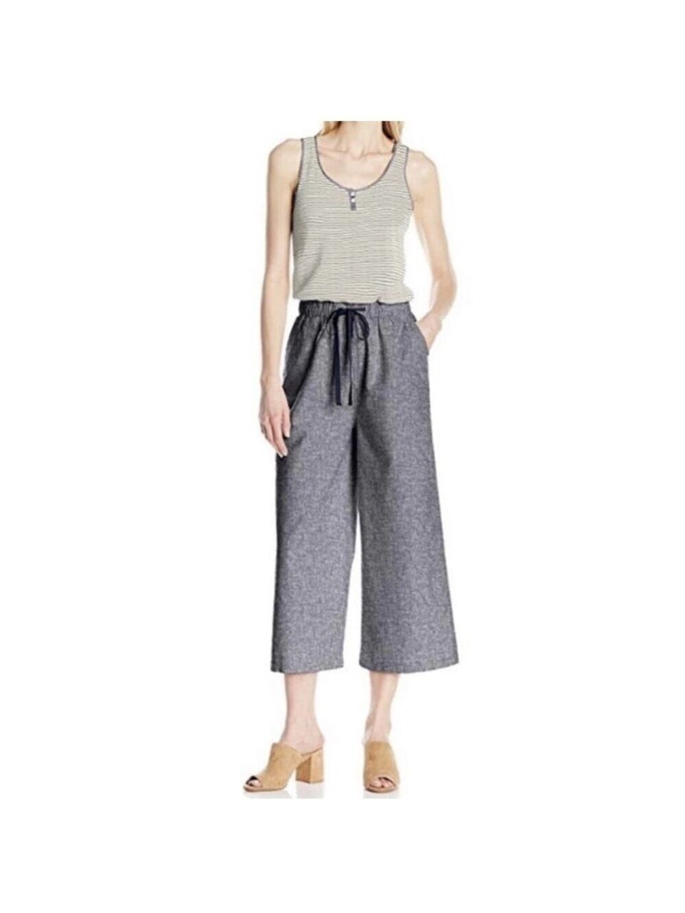 Woolrich old money ivory blue stripe linen blend wide leg cropped jumpsuit M
